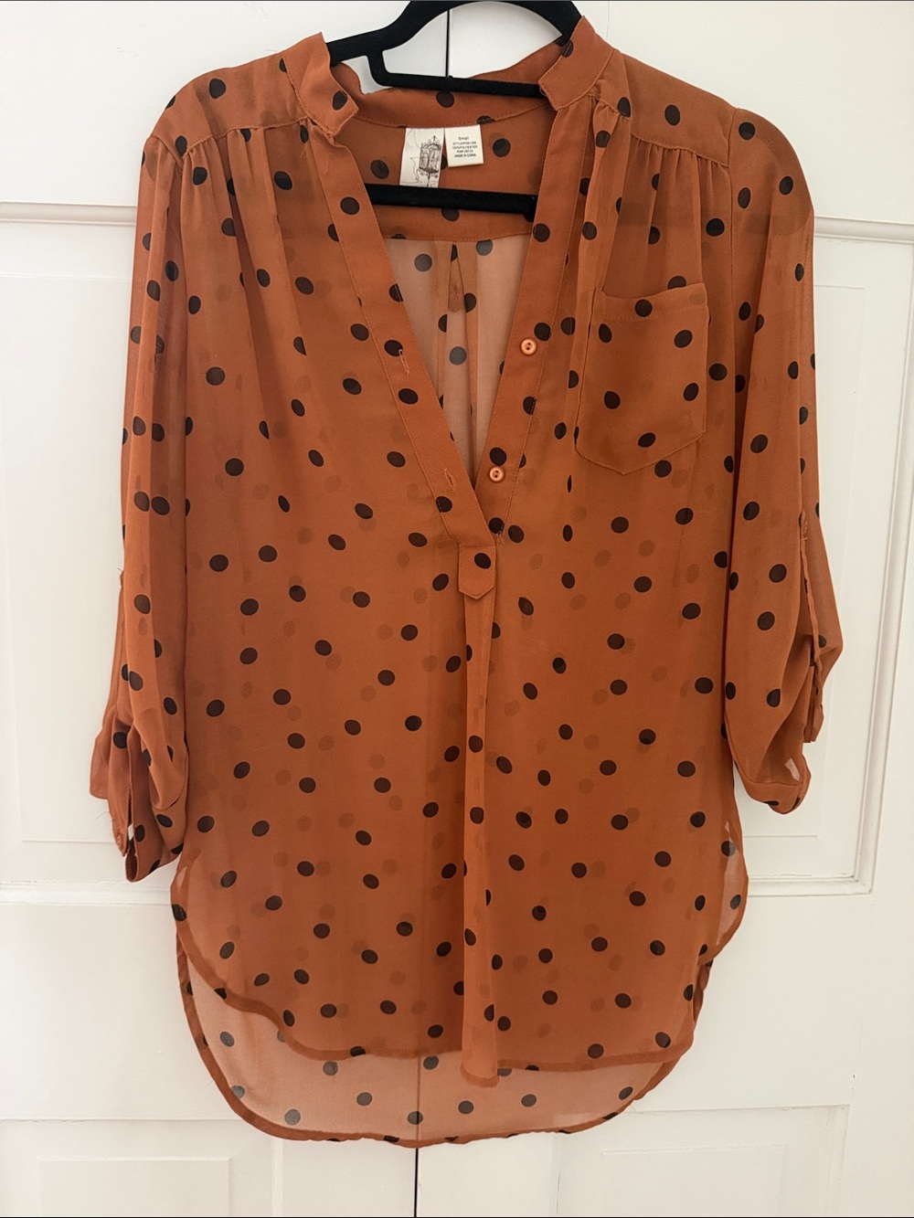Polka Dot Split-Neck Blouse - Rust